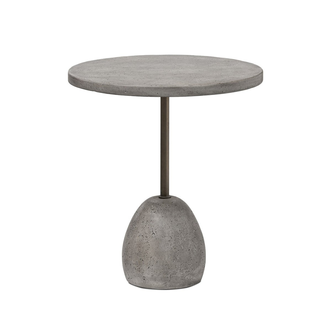 The Solid Concrete Outdoor End Table features a round, smooth concrete top, slim metal stem, and sturdy oval base in a gray finish—ideal for modern outdoor entertaining.