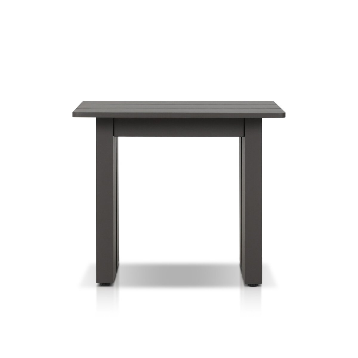 A dark gray rectangular metal Outdoor End Table with thick, straight legs is shown against a plain white background.