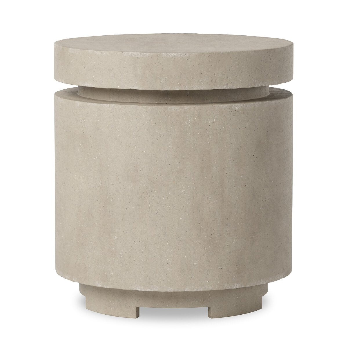 The Higgins Outdoor Round Propane Enclosure features a modern, cylindrical design in light gray concrete with a recessed groove and block feet—ideal as a stylish accent or functional 20-inch table for any space.
