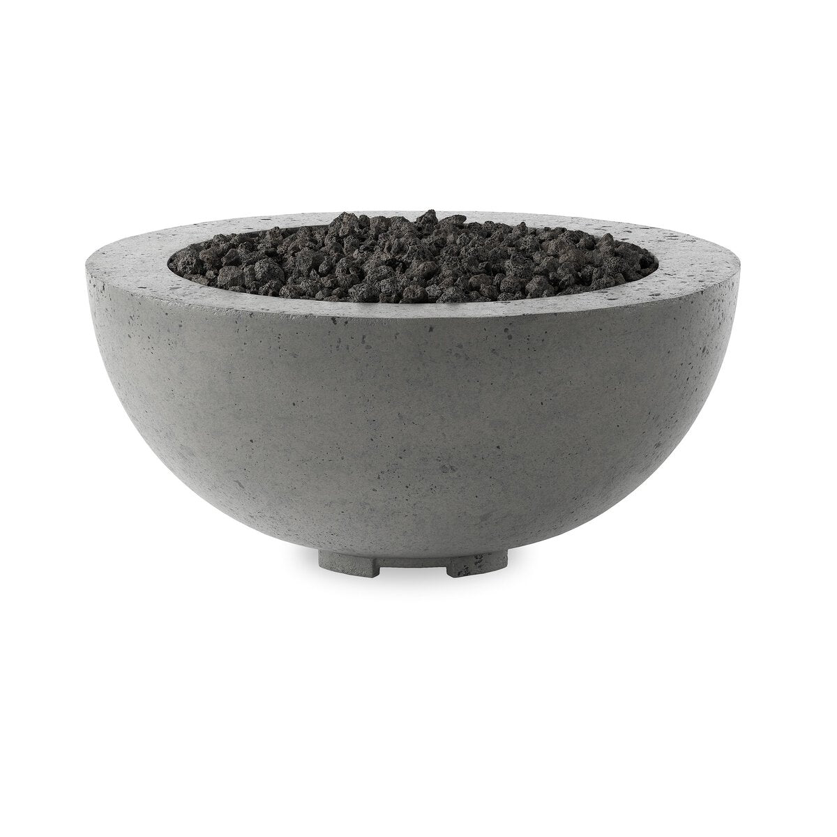 The Domed Outdoor Fire Table is a round, gray fire pit made of smooth glass-reinforced concrete with dark lava rocks and short, sturdy legs—an elegant natural gas centerpiece for any setting.