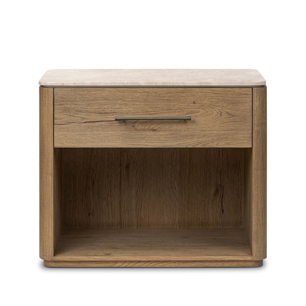 The Marble Top Nightstand features a light wood grain finish, a smooth marble top, a single drawer with a metal handle, and an open lower shelf, all set against a plain white background.