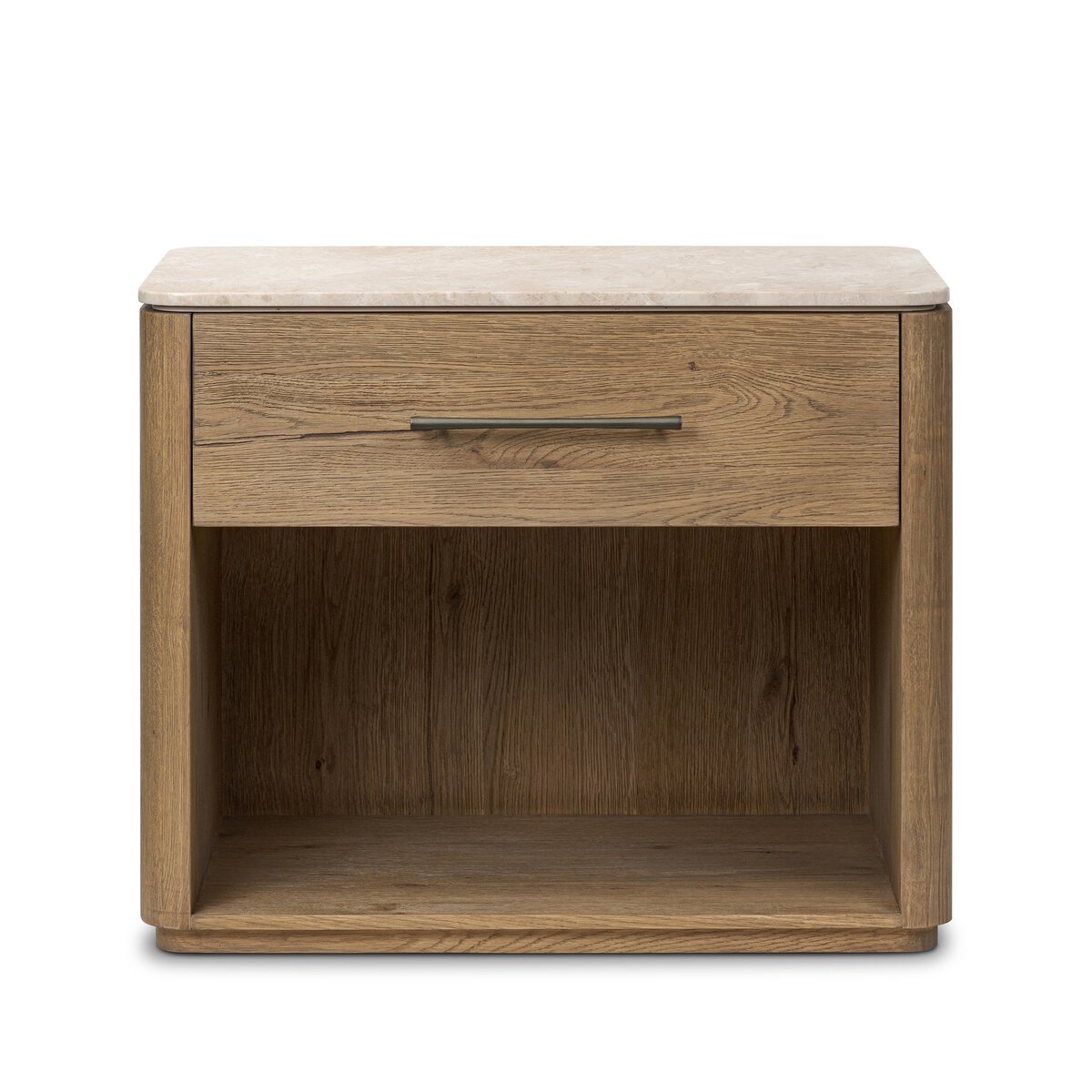The Marble Top Nightstand features a light wood grain finish, a smooth marble top, a single drawer with a metal handle, and an open lower shelf, all set against a plain white background.