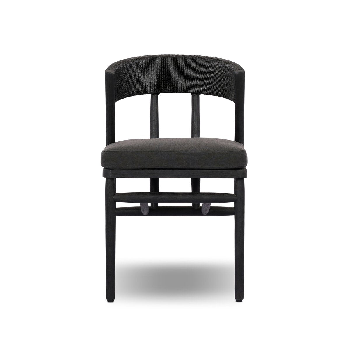 Front view of the Buxton Outdoor Dining Chair, featuring a modern black upholstered design with a curved backrest, three vertical back supports, and four straight legs, set against a white background.