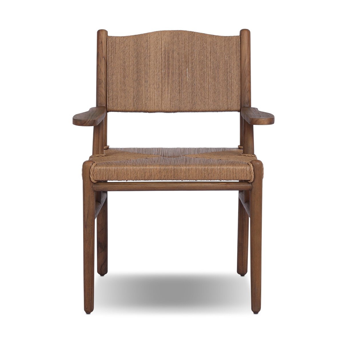 Front view of the Herrin Outdoor Dining Armchair, featuring a wooden frame with woven seat and backrest, curved armrests, and minimalist design; overall dimensions: 26.00"w x 23.00"d x 34.75"h.