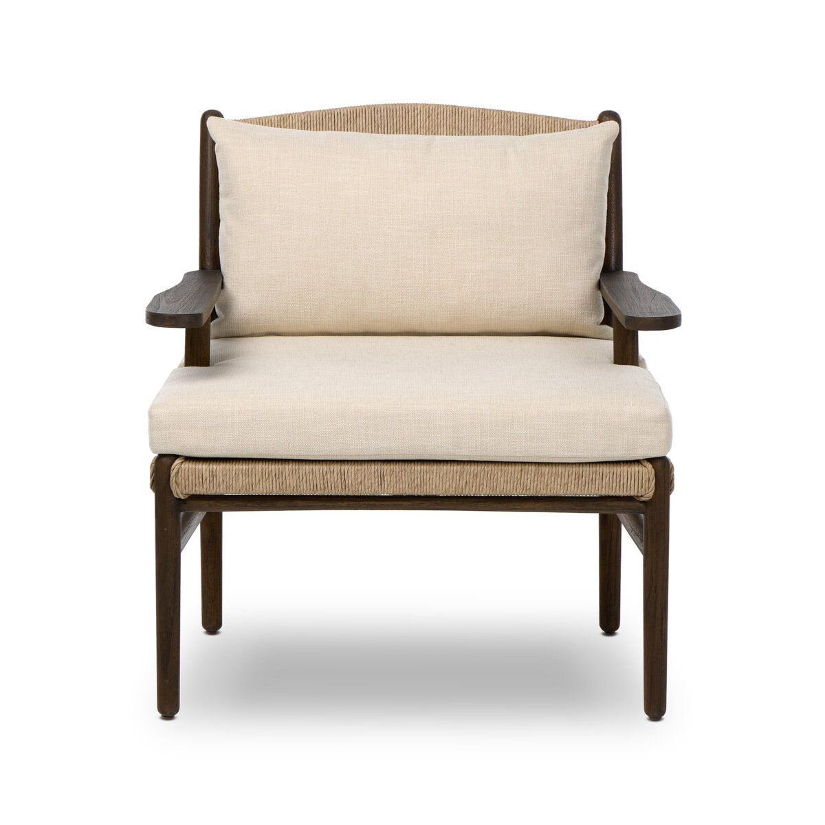 The Herrin Outdoor Chair features a dark wooden frame, wide armrests, and light beige cushioned seat and backrest. Shown against a white background; overall dimensions: 31.00"w x 30.00"d x 32.00"h.