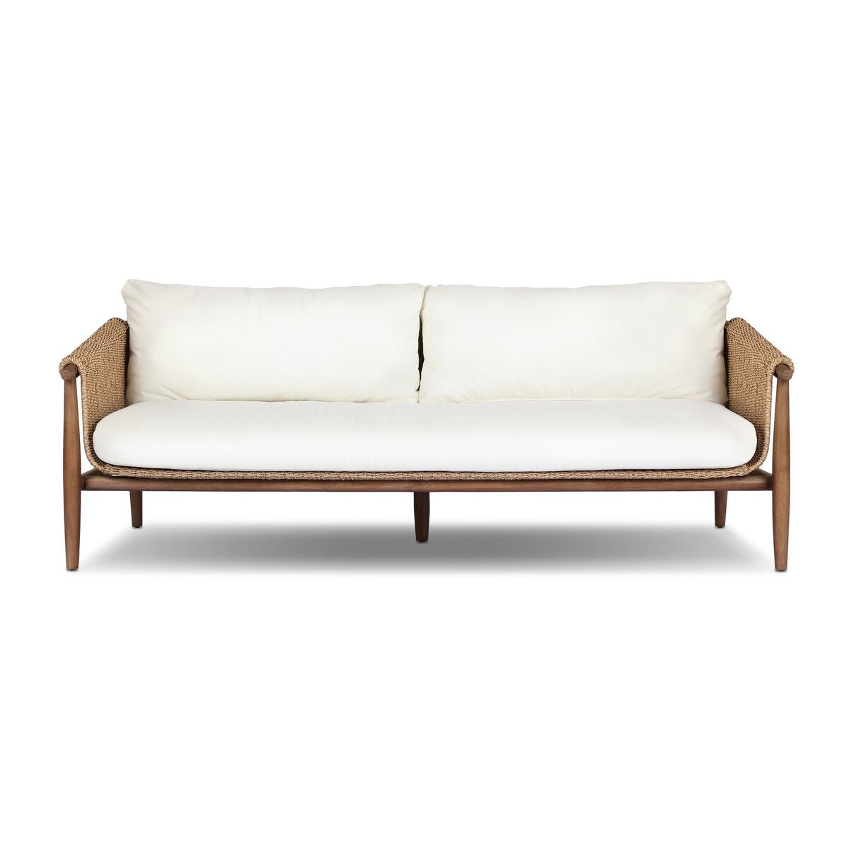 The Woven Outdoor Sofa features a vintage-inspired wooden frame, light brown woven sides, and white seat and back cushions, shown against a plain white background.