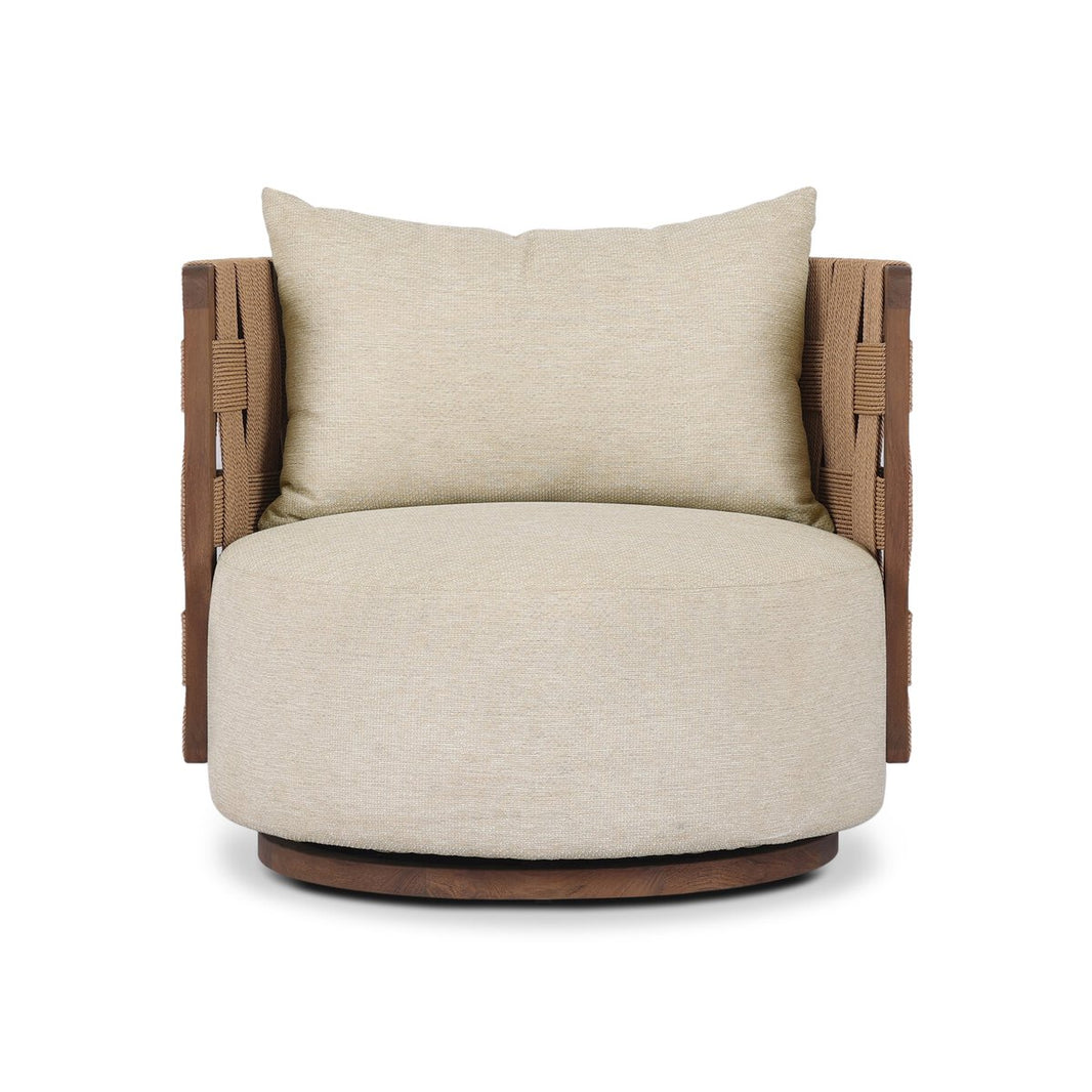 The Chunky Weave Outdoor Swivel is shown from the front against a white background, featuring a cocoon-like frame, round wooden base, beige cushion, and woven tan armrests.