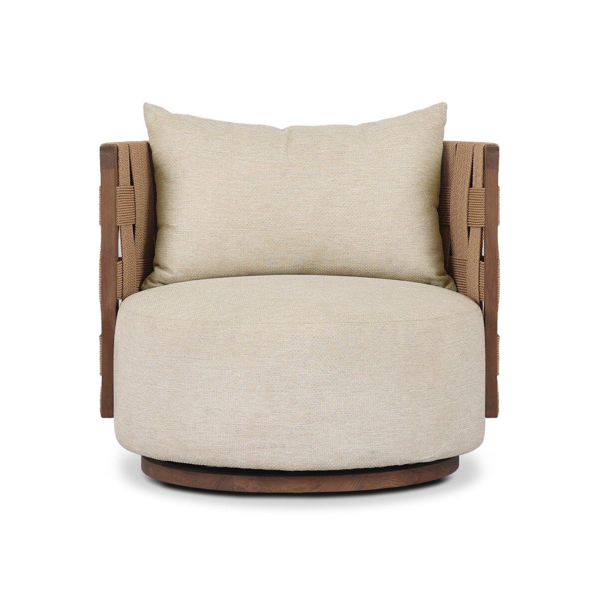 The Burch Outdoor Chair is a modern, round swivel chair (34.25"w x 33.50"d x 33.00"h) featuring a light beige cushion and pillow, brown woven sides, and a wooden base, displayed against a white background.