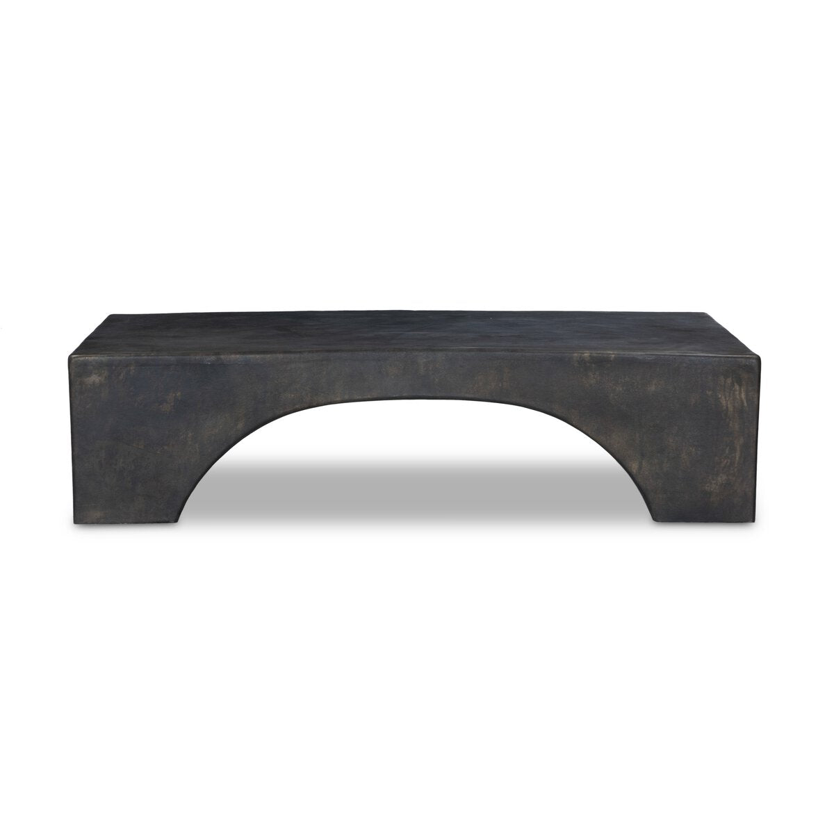 The Arched Base Outdoor Coffee Table2 is a rectangular, dark-hued table with a smooth surface and a large arched cutout in the base, showcasing a bold waterfall silhouette, set on a white background.