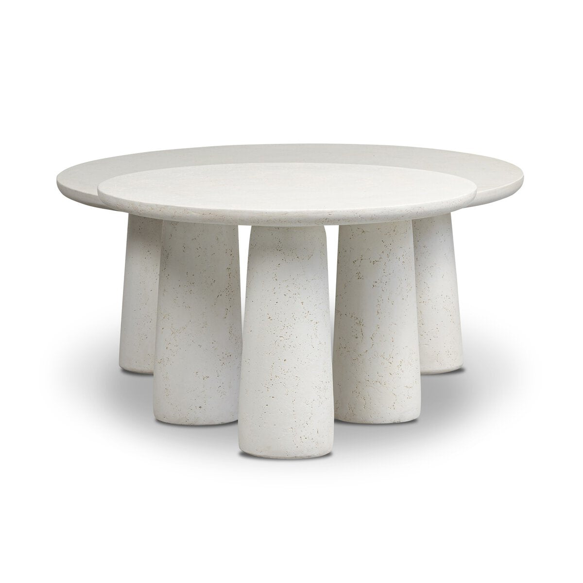 The Concrete Outdoor Nesting Coffee Tables feature a modern round design in white stone, crafted from cast ivory concrete with a smooth top and five chunky, tapered cylindrical legs, set against a plain white background.