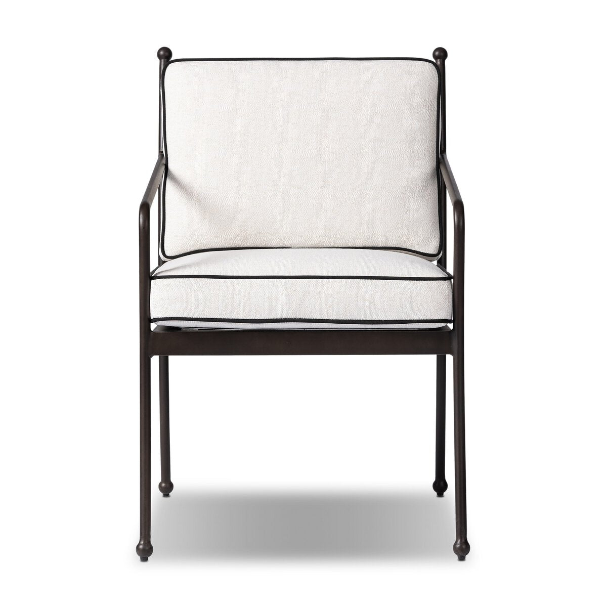 Front view of the Tally Outdoor Chair featuring a black metal frame, white cushioned seat and backrest with black piping. Its contemporary design measures 34.50"d x 28.00"w x 35.50"h.