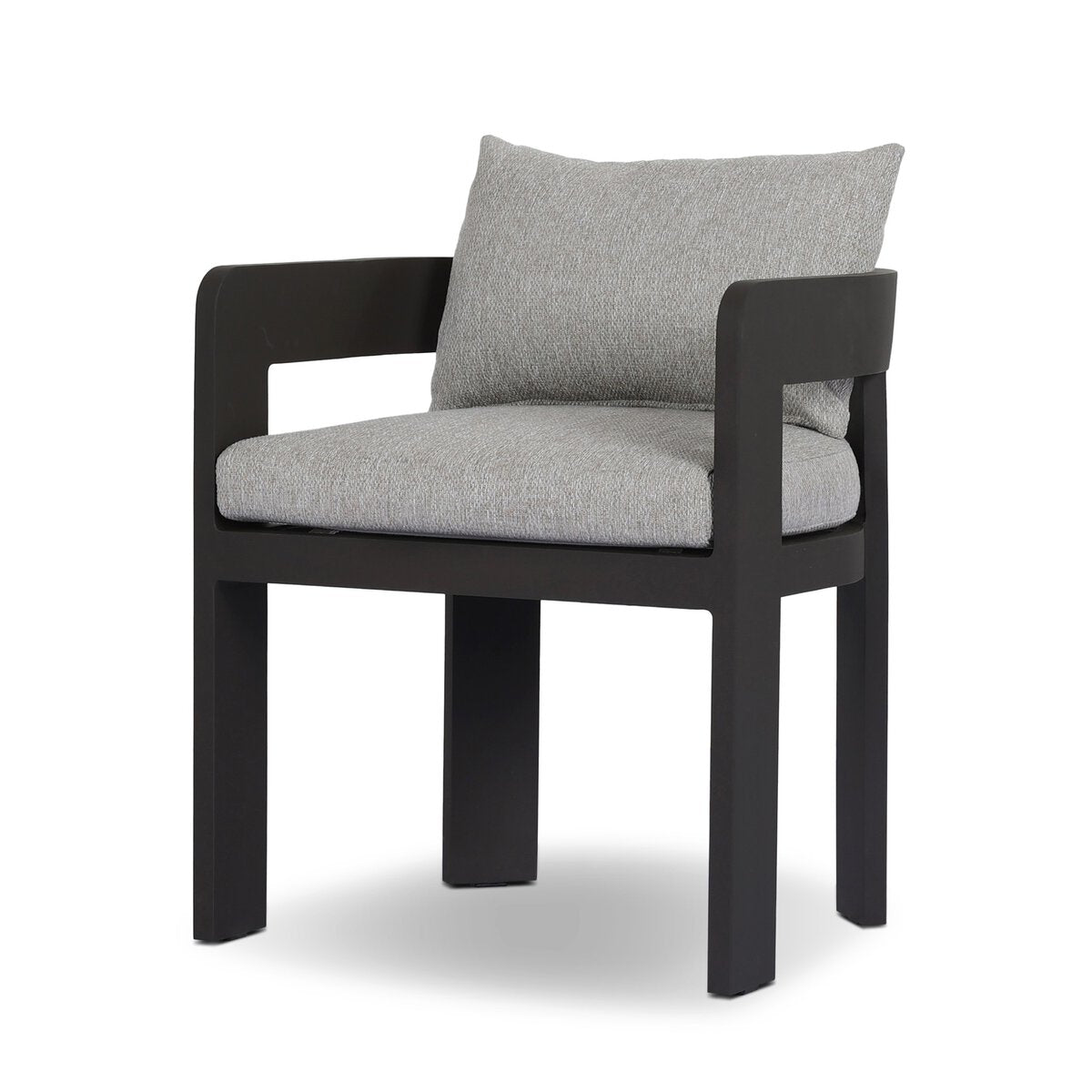 The Outdoor Metal Dining Chair features a sleek black frame with straight armrests and legs, plus light gray cushioned seat and backrest pillows for a minimalist, comfortable design—perfect for outdoor dining.