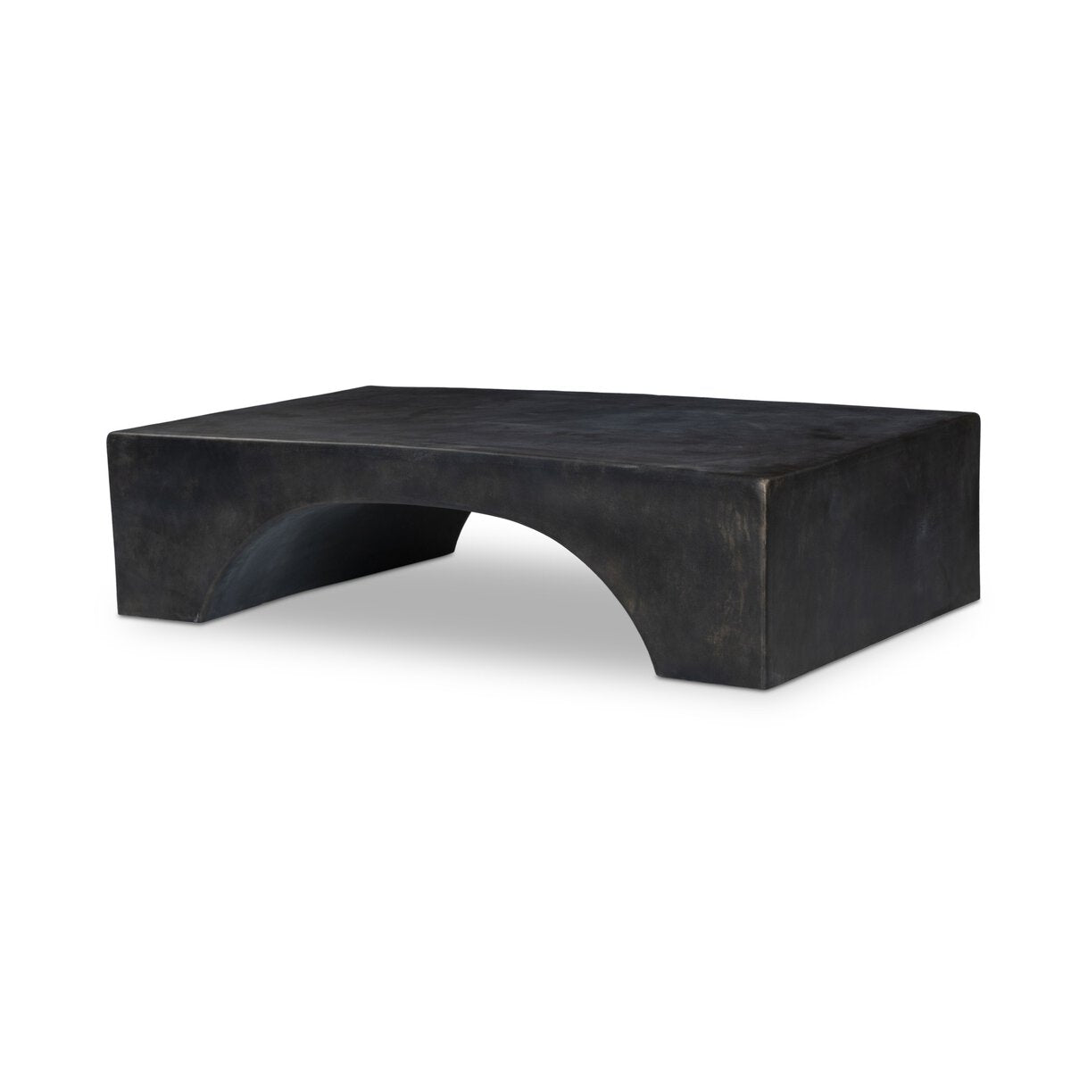 The Arched Base Outdoor Coffee Table2 is a modern, rectangular black table with a smooth surface and a large curved arch cutout on one side, showcasing a striking waterfall silhouette for a sculptural, minimalist look.