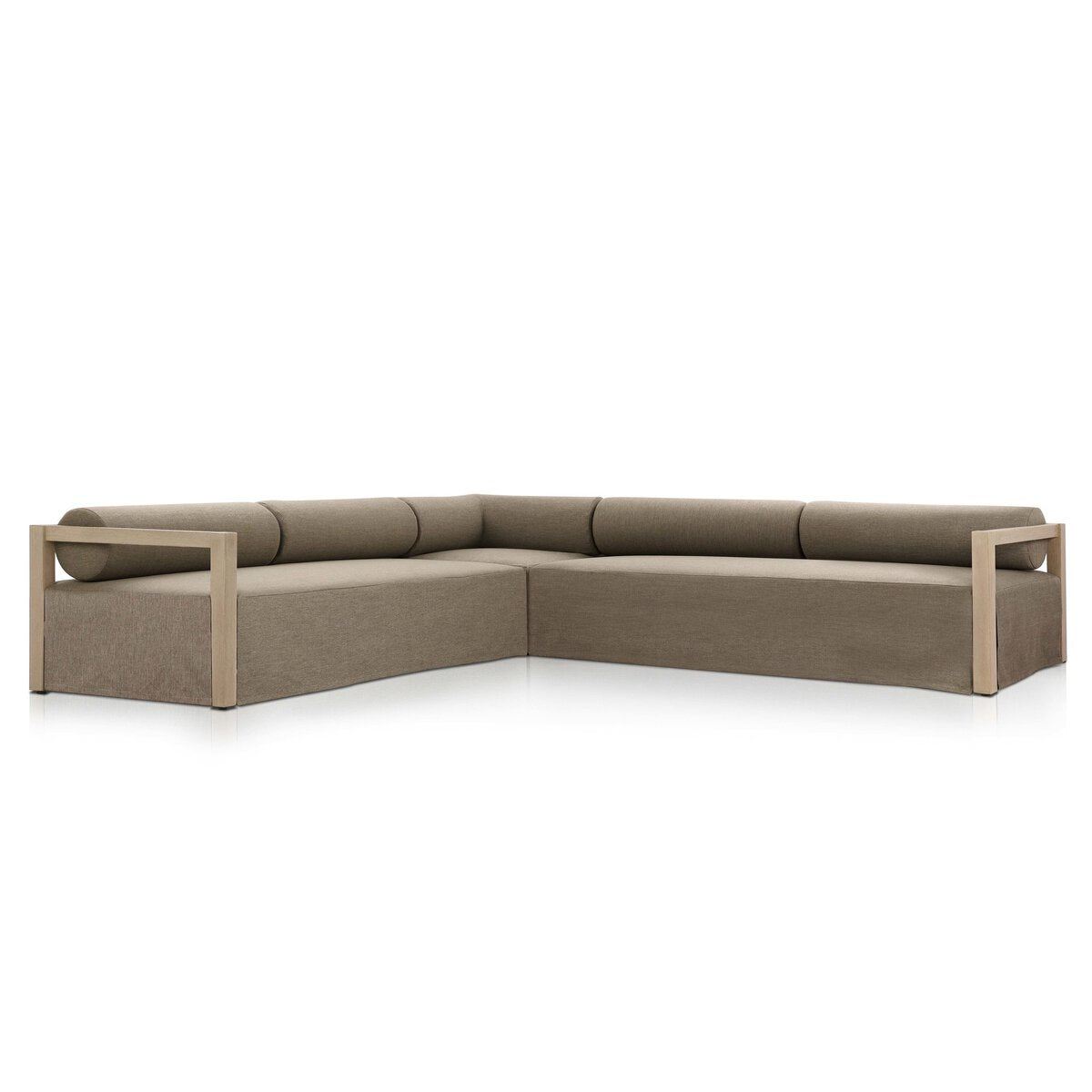 The Bolster Back Outdoor Sectional is a modern L-shaped design with a light FSC-certified teak frame, straight armrests, cylindrical backrest cushions, and light brown antimicrobial upholstery.