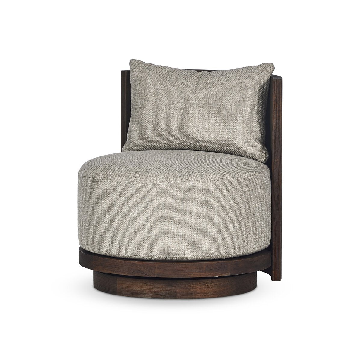 The Outdoor Swivel Chair features a modern armless design with a round cushioned seat, light beige Italian upholstery, a matching rectangular back pillow, and a dark wooden base and backrest.