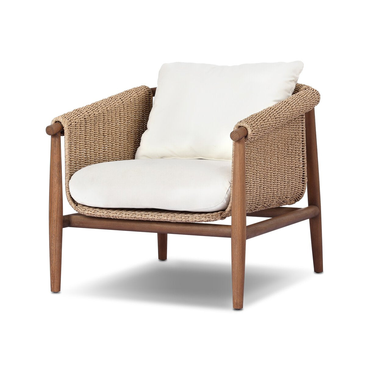 The Woven Outdoor Chair features a modern woven faux hyacinth frame, wooden legs, and plush white seat and back cushions, displayed on a white background.