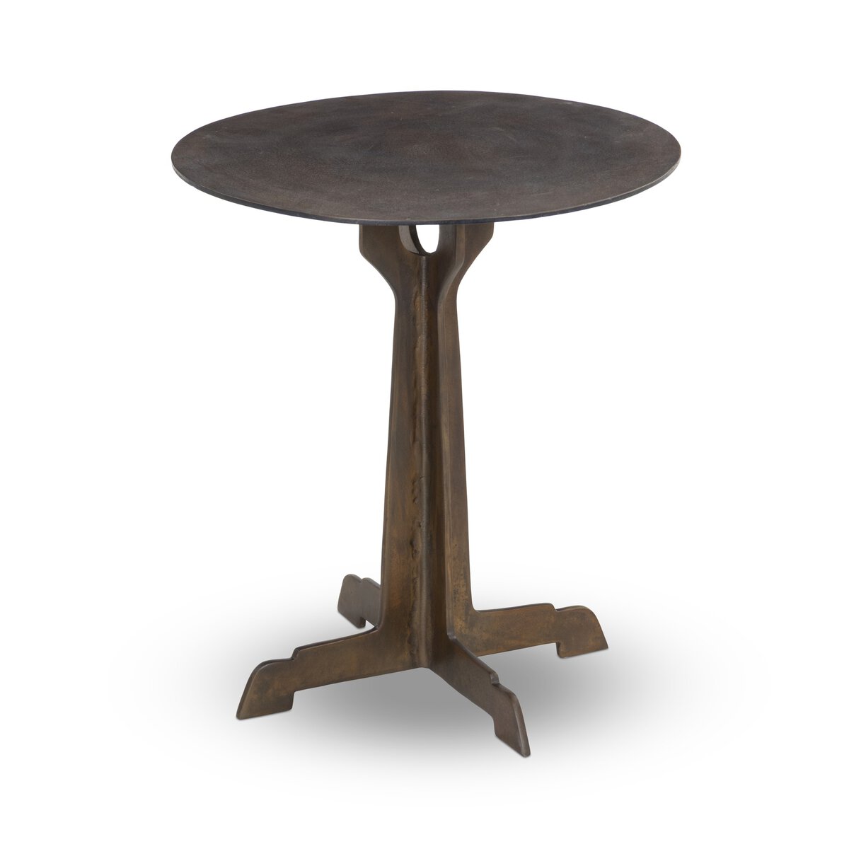 The Copper-Toned Outdoor End Table is a small, round metal piece with an antiqued finish and a central pedestal base with three angular feet—ideal as modern outdoor furniture.