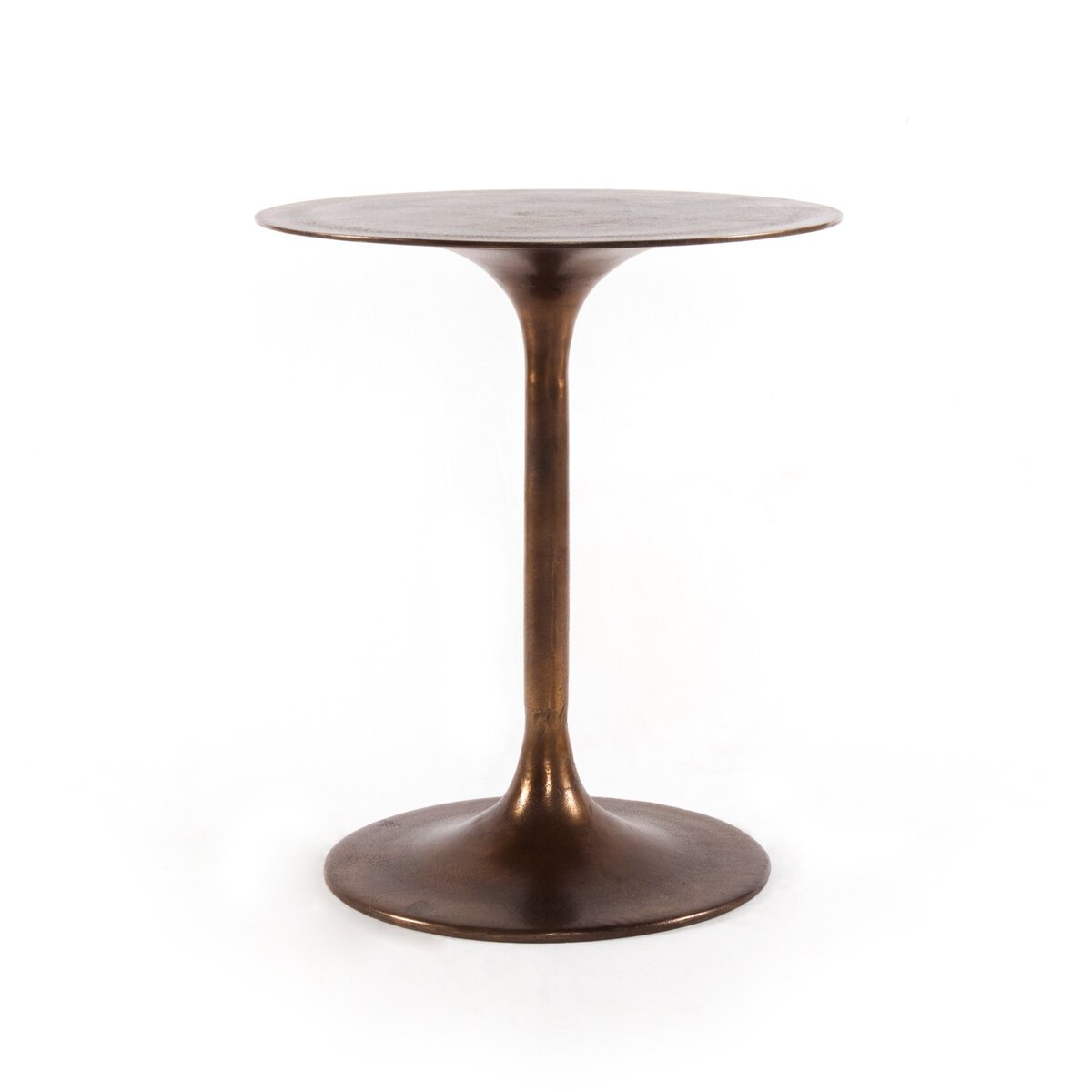 The Tulip Side Table is a small, round 20-inch end table with a slender pedestal base in bronze or brass, featured against a white background. Its minimalist, modern design brings subtle elegance to any space.