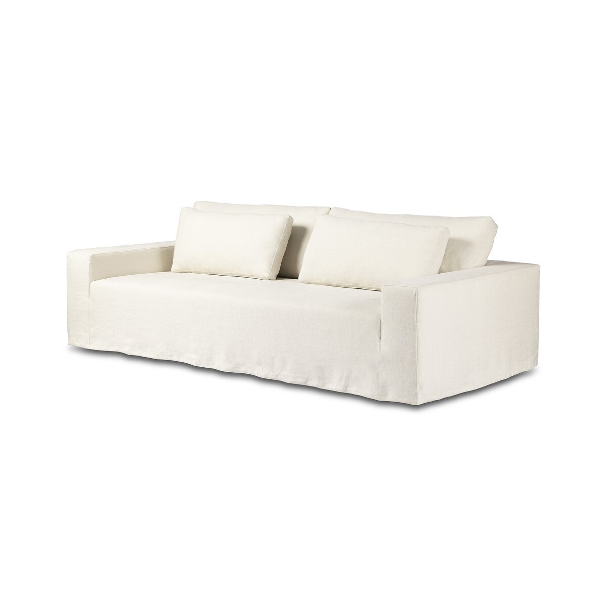 The Outdoor Slipcover Sofa is a modern, off-white piece with two matching back cushions and wide armrests, featuring a minimalist design in washable hemp upholstery.