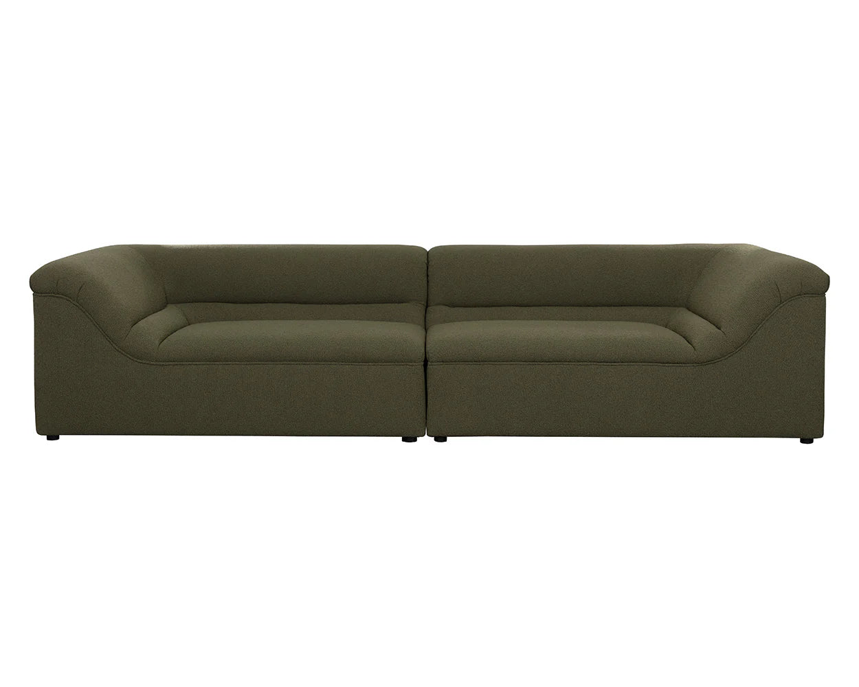 The Curved Upholstered Sofa is a modern, olive green piece featuring a low backrest, wide armrests, and two connected seats, displayed from the front.