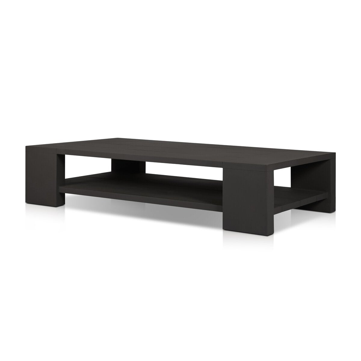 The Bronze Finished Aluminum Coffee Table features a modern rectangular shape with a wide, flat top and open lower shelf. Its minimalist design and thick block legs make it a stylish addition to any outdoor furniture collection.