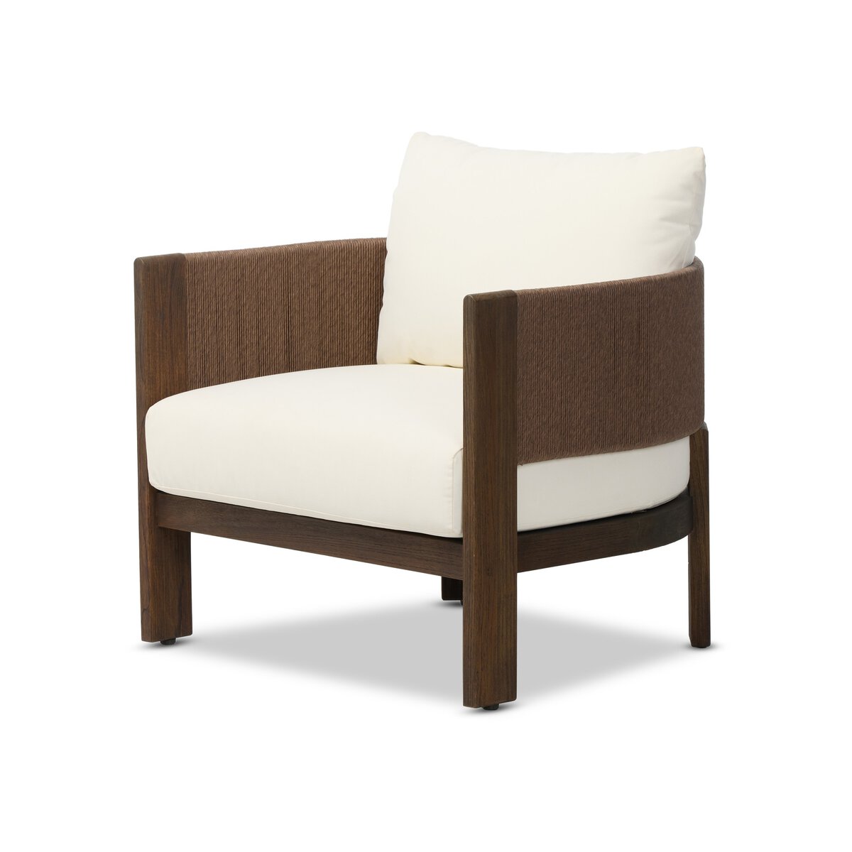 The Delancy Outdoor Chair features modern upholstery, dark wooden legs and frame, a white seat and back cushion, and a brown textured fabric-wrapped backrest—perfect for any living space or outdoor setting.
