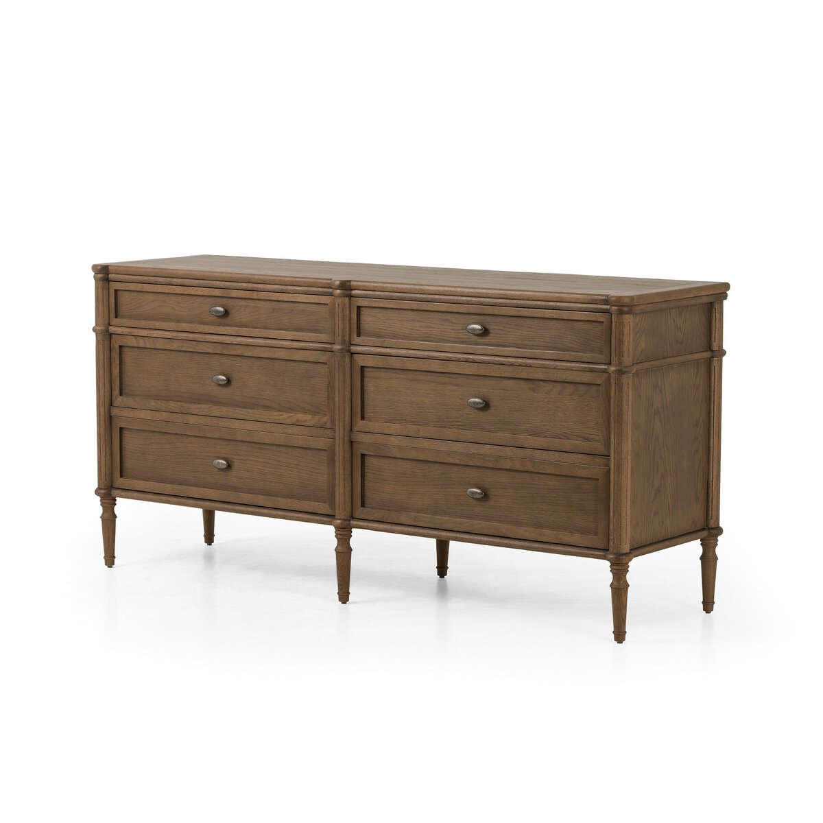 The European 6 Drawer Dresser features a vintage brown finish, round metal knobs, and slender tapered legs for timeless appeal.