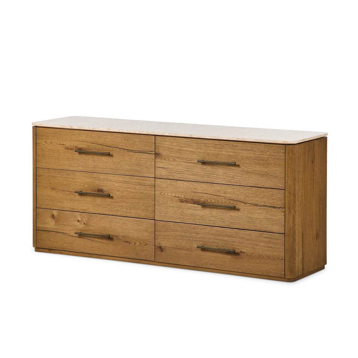 The Marble Top 6 Drawer Dresser features a natural oak finish, horizontal metal handles, and six drawers in two columns. Its simple, modern design and marble top make it an elegant addition to any space.