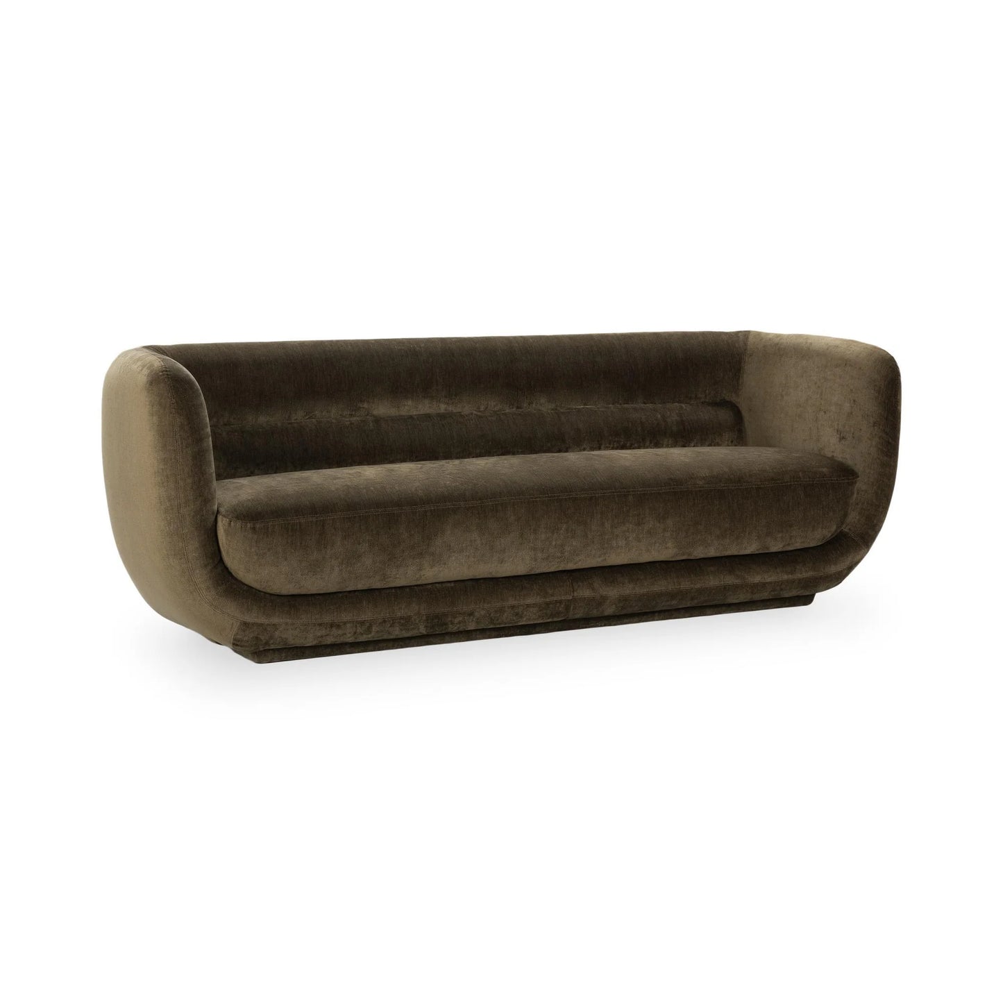 The Tuxedo Arm Sofa is a modern, dark brown velvet piece with tuxedo arms, a low backrest, sleek minimalistic design, and a slightly elevated base.