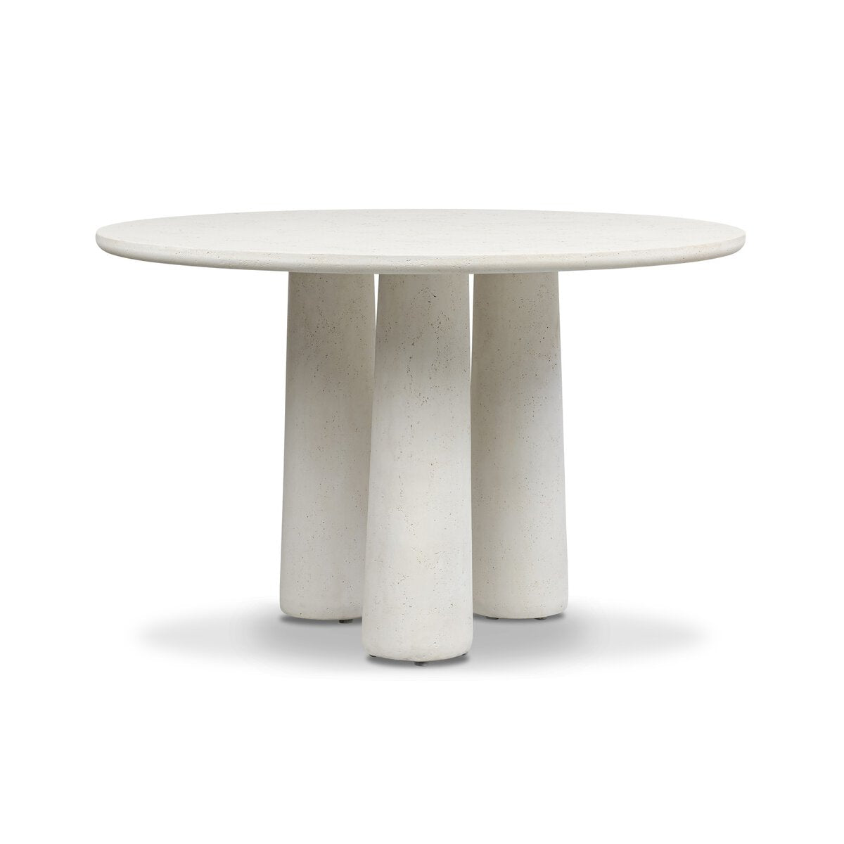 The Concrete Pedestal Dining Table features a round, modern white design with a smooth top and three evenly spaced, slightly tapered cylindrical pedestal legs textured to mimic cast concrete.