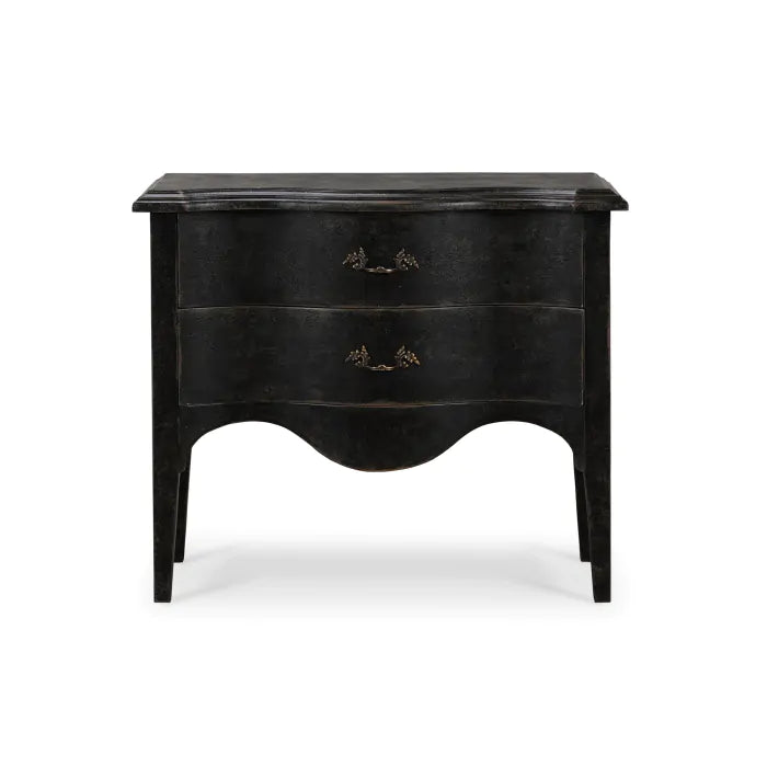 The European Inspired Nightstand is a vintage-style black wooden storage cabinet (36"W x 16"D x 31"H) with two drawers, curved front edges, ornate brass handles, and four legs, shown against a plain white background.
