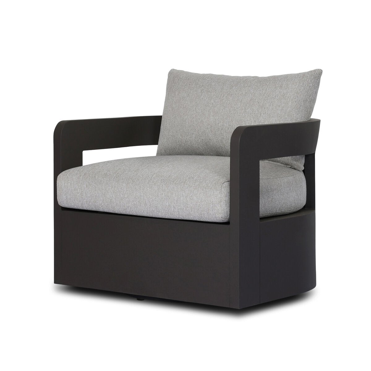 A contemporary Outdoor Metal Swivel Chair featuring clean, straight lines and a boxy shape, with a sleek metal frame and light gray upholstery for a modern look.