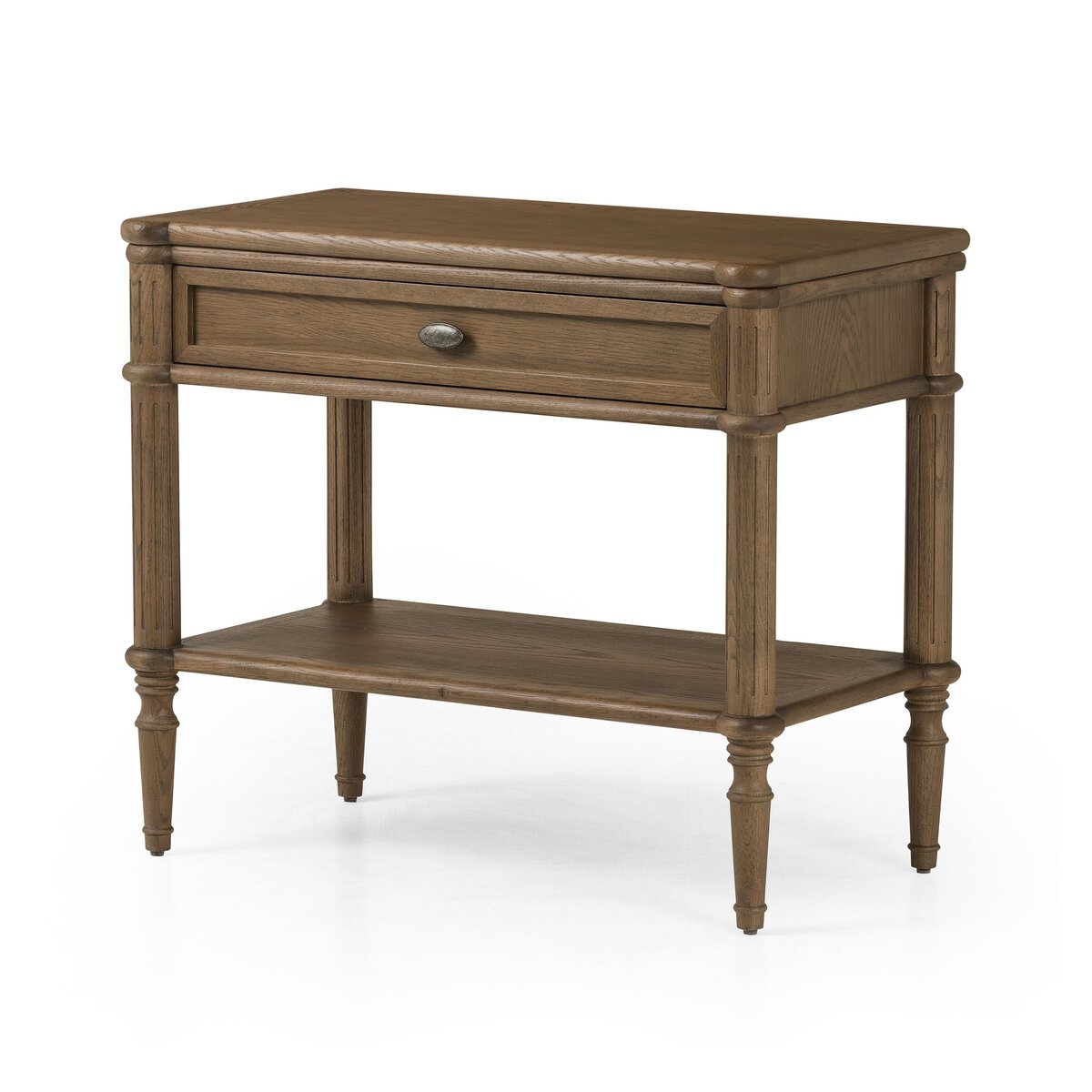 The European Nightstand features a natural wood finish, single drawer with a round metal handle, four turned legs, and a lower shelf for classic simplicity.