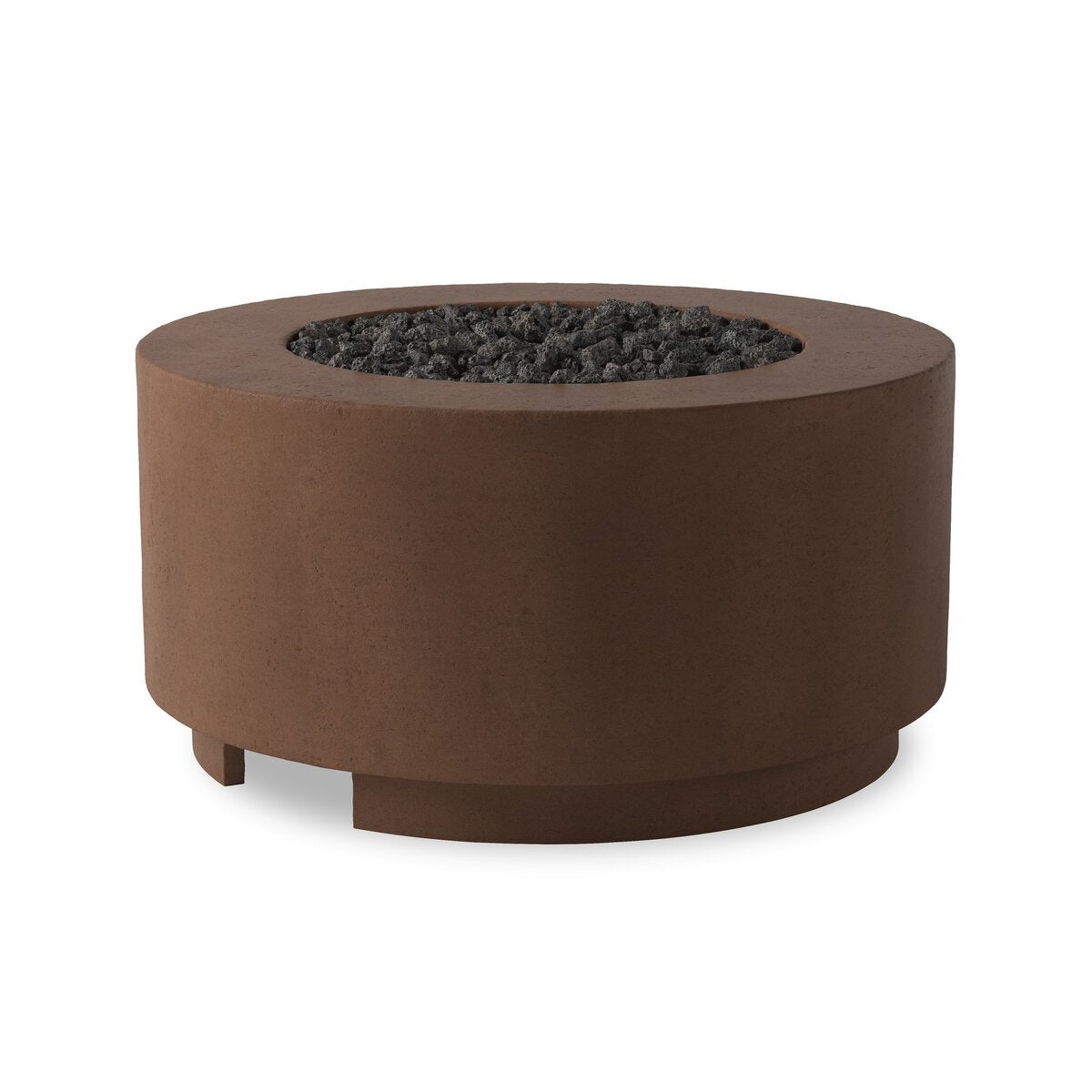 The Damian Outdoor Fire Table features a round, modern design with a rust-colored metal finish and black stones inside, resembling a stylish coffee table, set against a white background.