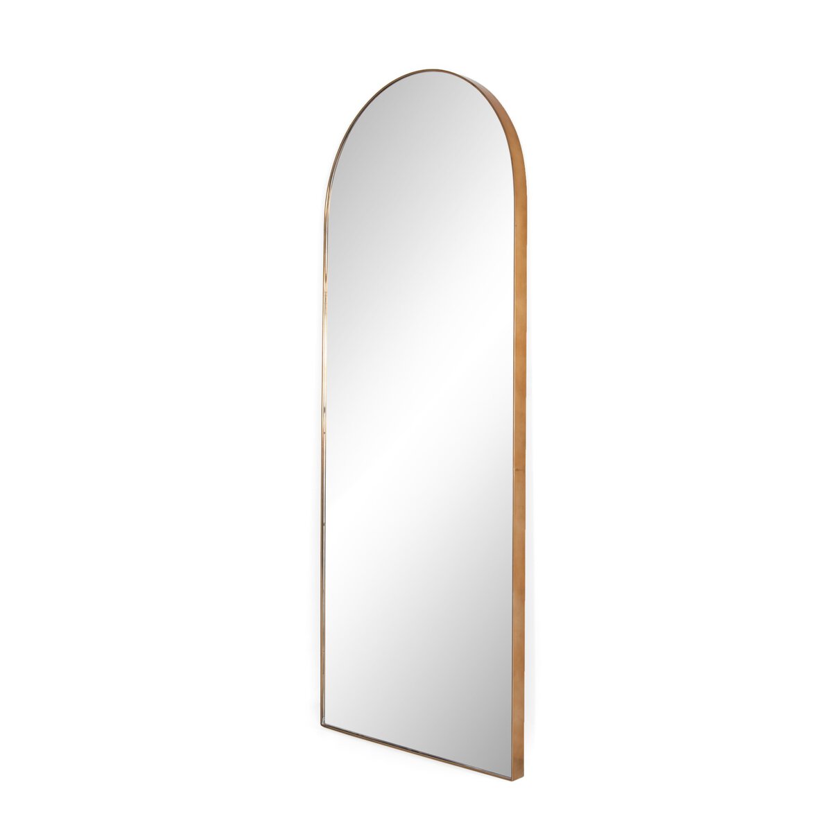 The Georgina Floor Mirror features a tall, arched design with a slim wooden frame, standing upright against a white background. Its size fits perfectly beside a 32x80 door or in spaces at least 32 inches wide.