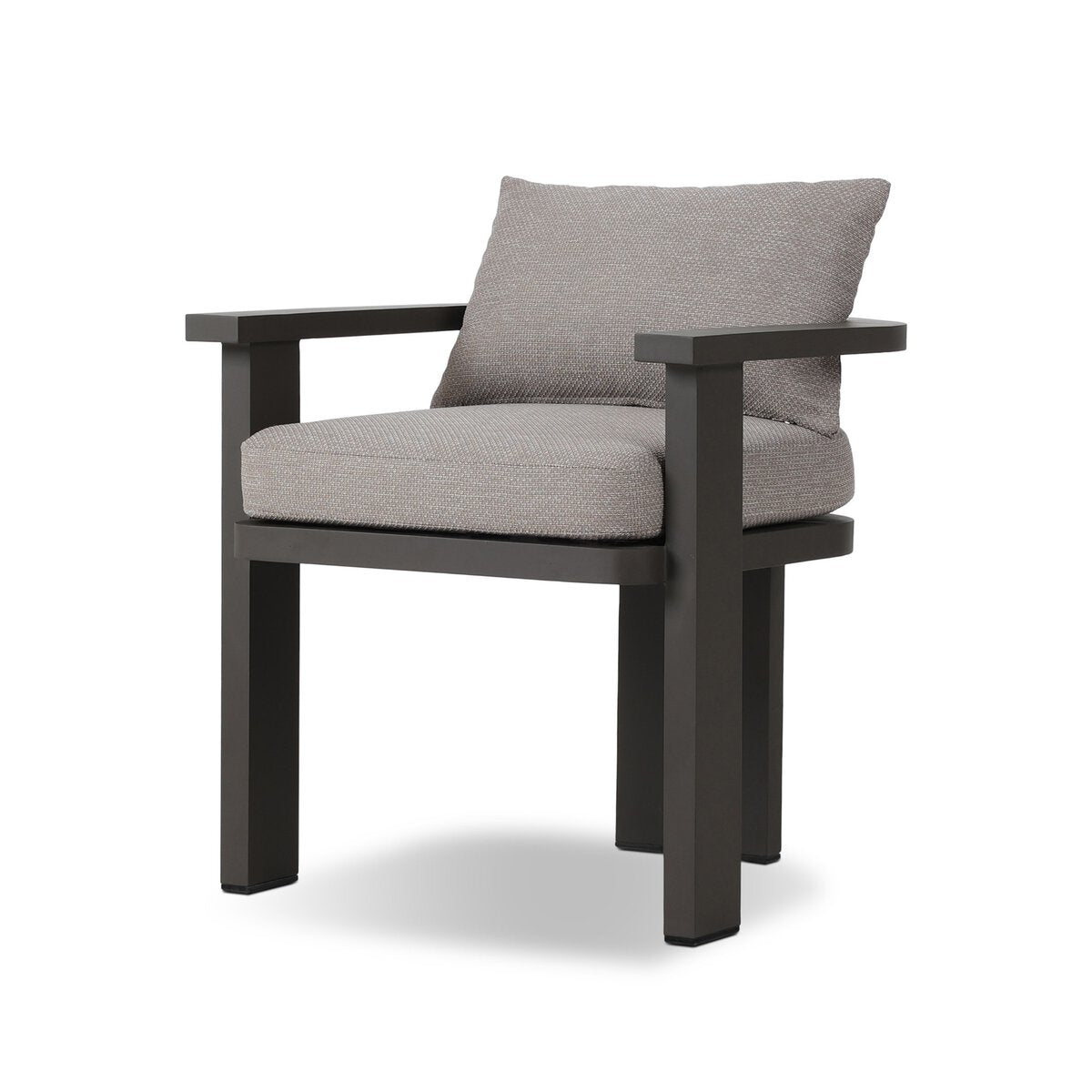 The Three Legged Outdoor Dining Chair features a matte black frame, square armrests, and thick, light gray high-performance upholstered seat and back cushions, shown against a white background.