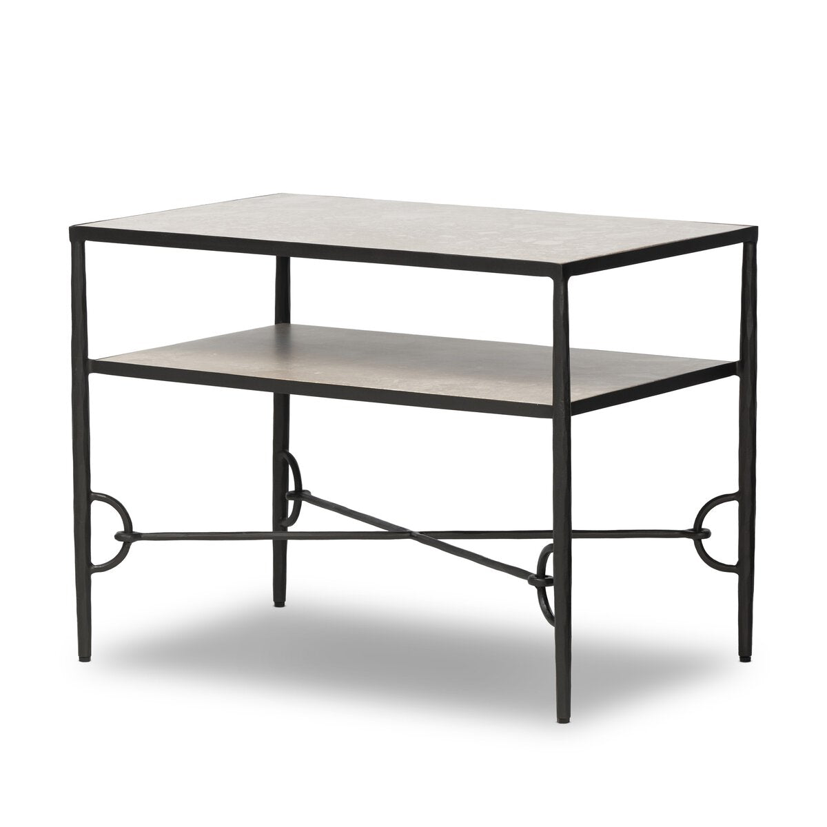 The Hammered Gunmetal Nightstand features a rectangular design, black metal frame, flat top, and open lower shelf. Its legs have circular and crisscross details for a functional, modern look.