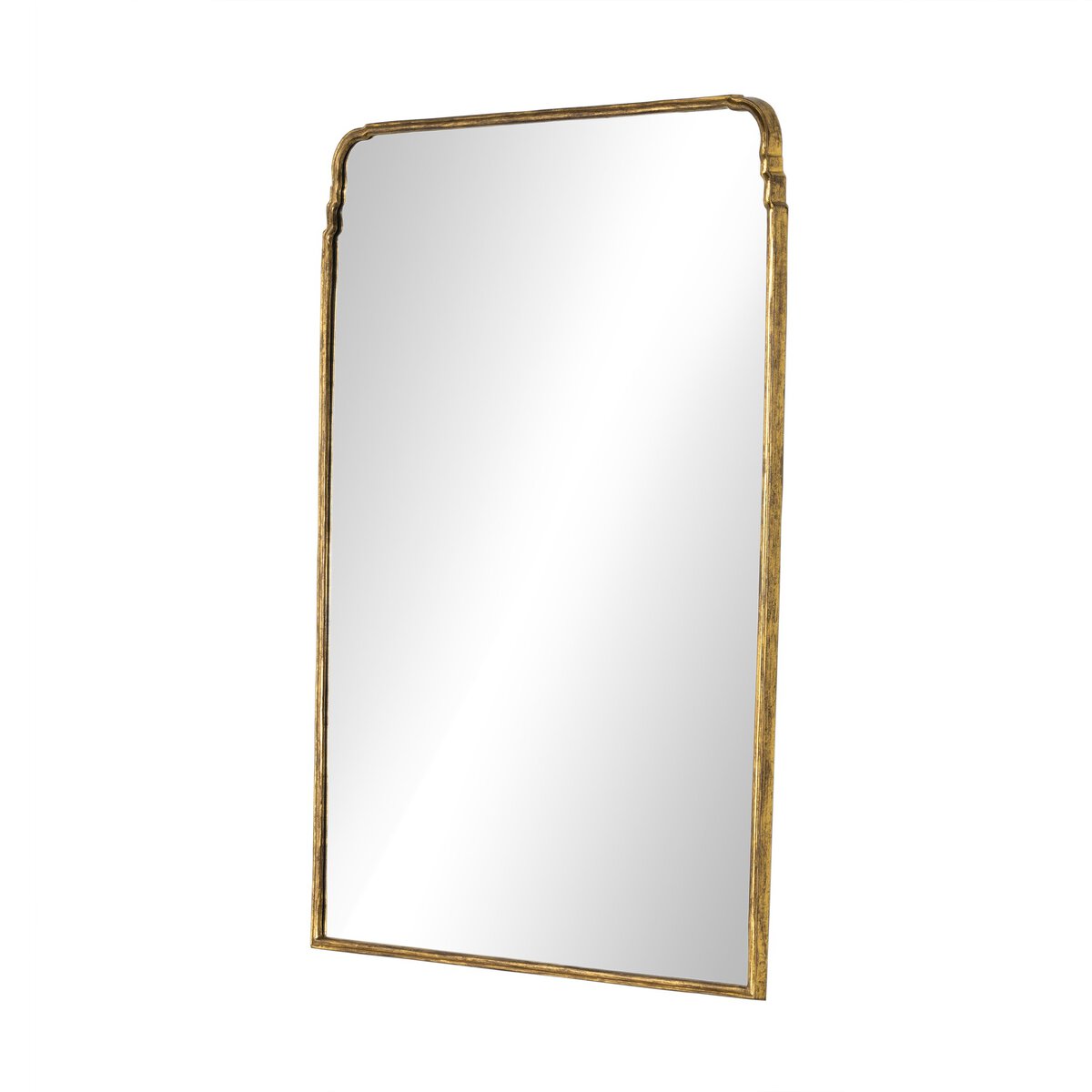 The Loire Grand Floor Mirror features a rectangular shape with rounded top corners and a slim gold metal frame, displayed at an angle against a white background. Its elegant design measures 52x1.5x71.5 cm overall.