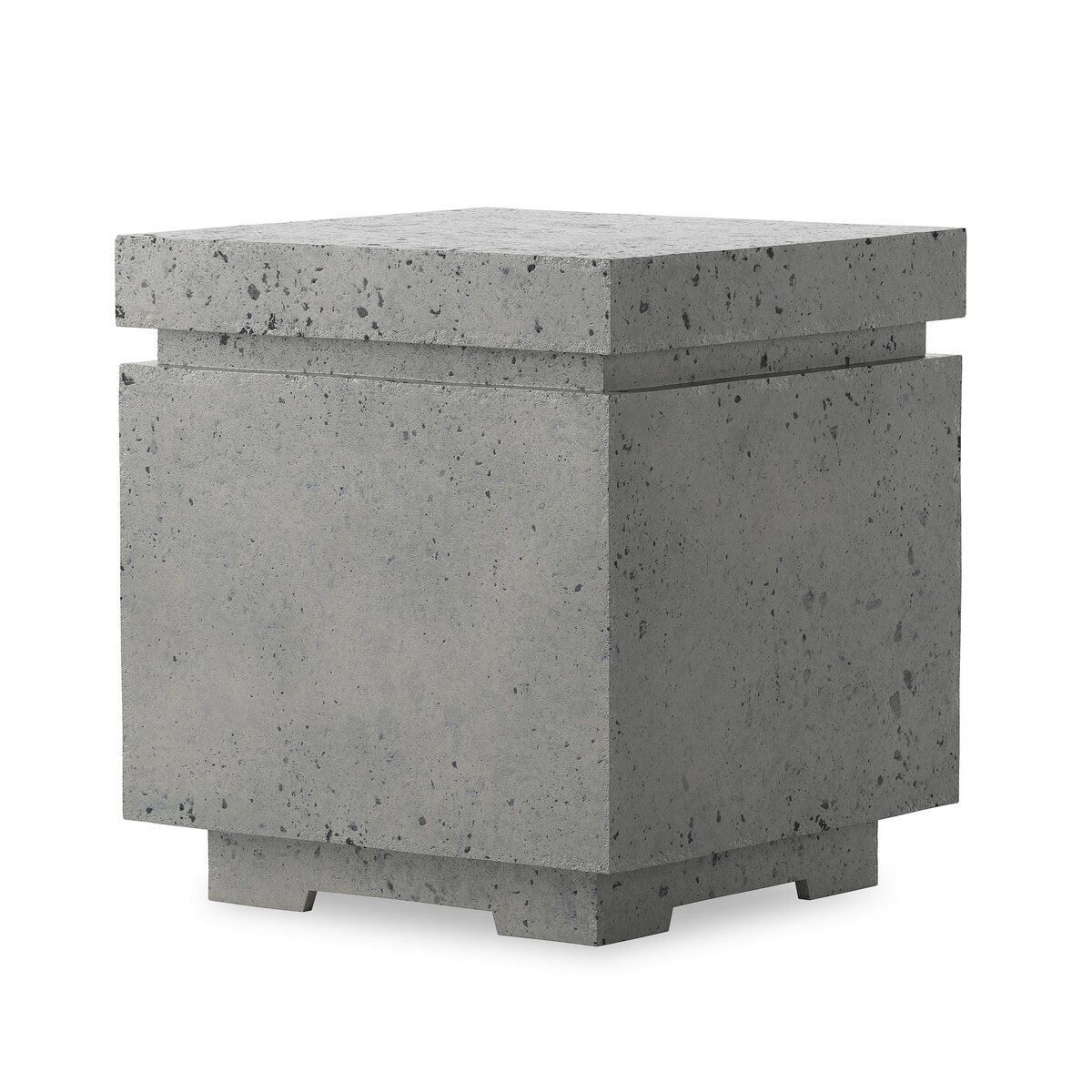 A modern, square gray Outdoor Square Propane Enclosure with a minimalist design and slightly elevated base, shown against a plain white background.