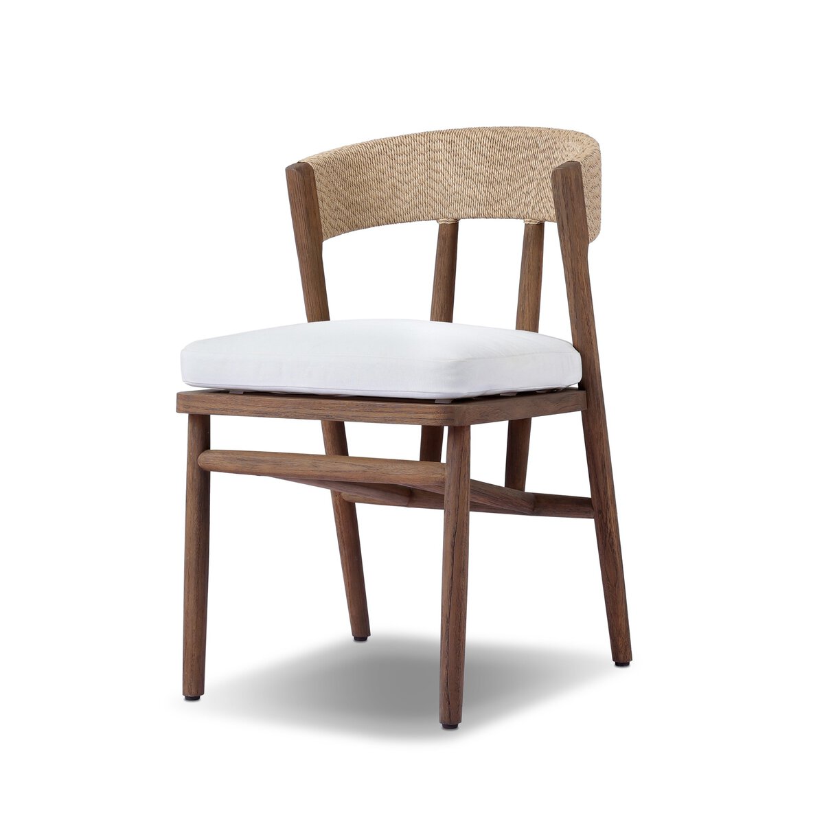 The Buxton Outdoor Dining Chair features a modern wooden design with a curved woven backrest and a white cushioned seat, displayed on a white background.