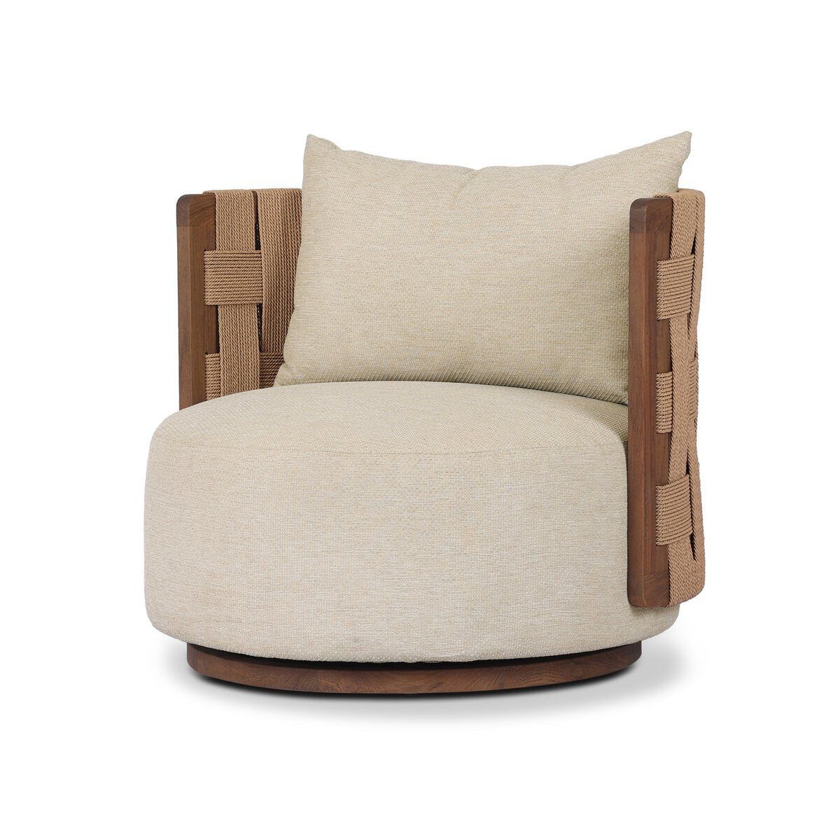 The Burch Outdoor Chair is a modern, beige upholstered swivel chair (34.25"W x 33"H x 33.5"D) with a round seat, plush back cushion, wooden armrests featuring woven rope detail, and a circular wooden base for contemporary style.