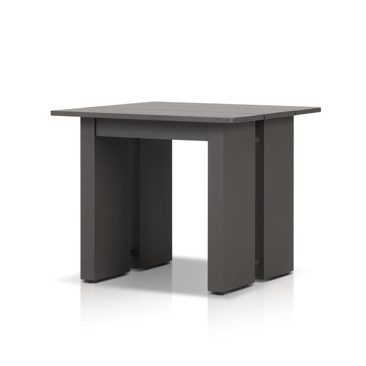 The Dark metal Outdoor End Table features a square, dark gray wooden top with a sturdy metal frame and thick rectangular legs, shown against a white background.