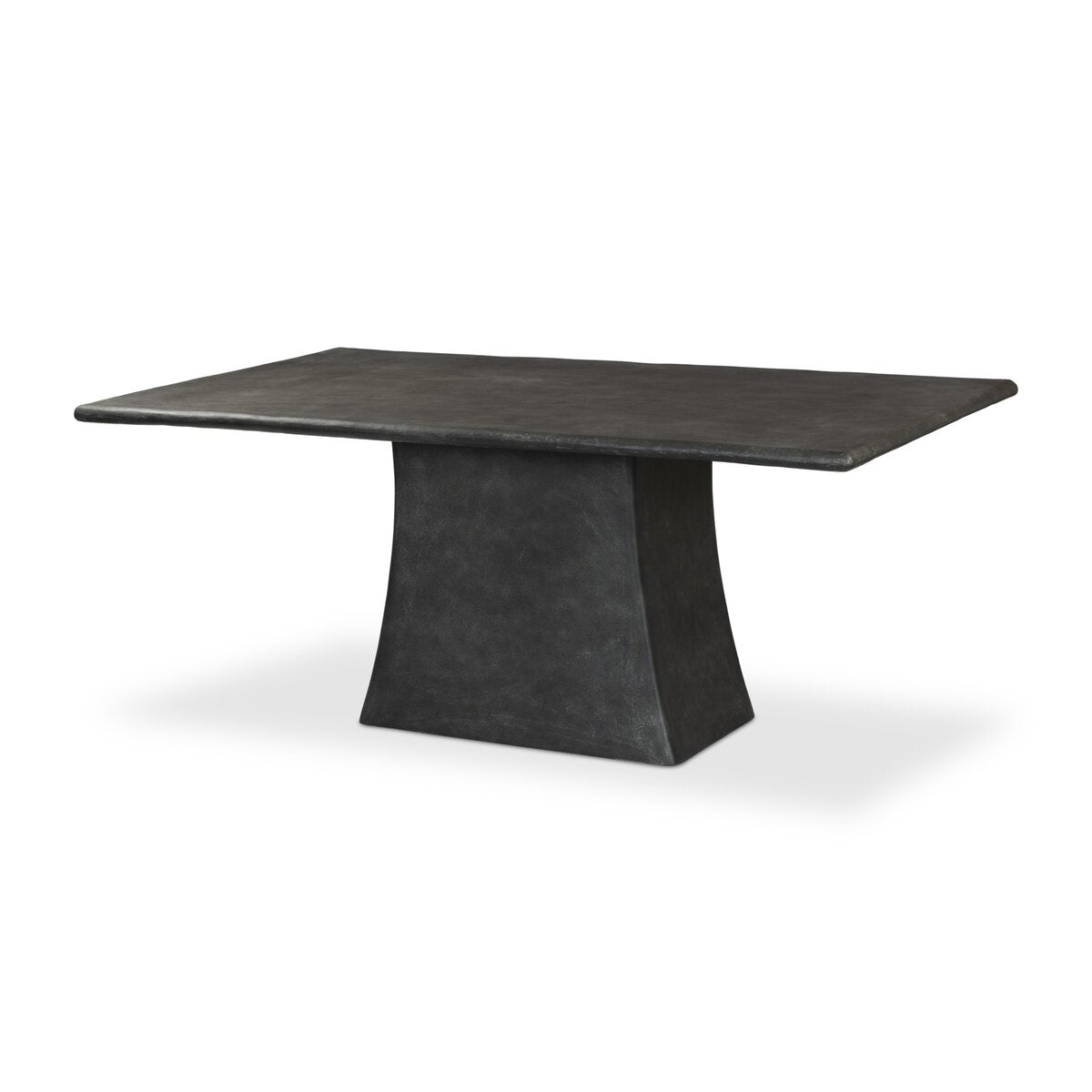 The Tapered Pedestal Base Outdoor Table features a rectangular black design with a thick top and wide, tapered base, making it perfect for both indoor and outdoor settings. Shown against a white background.