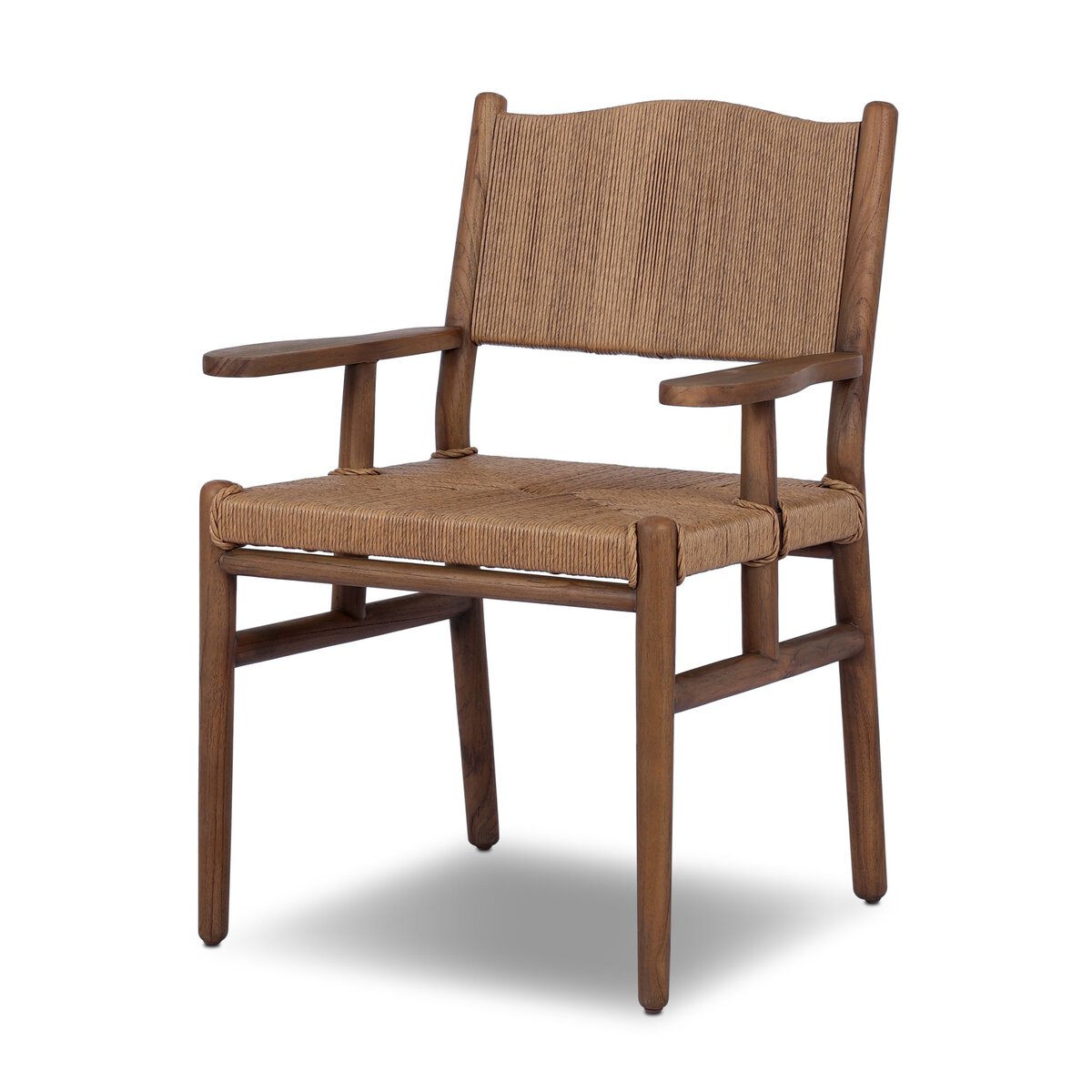 The Herrin Outdoor Dining Armchair features a wooden frame with woven rattan seat and backrest, natural finish, and modern design. Dimensions: 26.00"w x 23.00"d x 34.75"h.