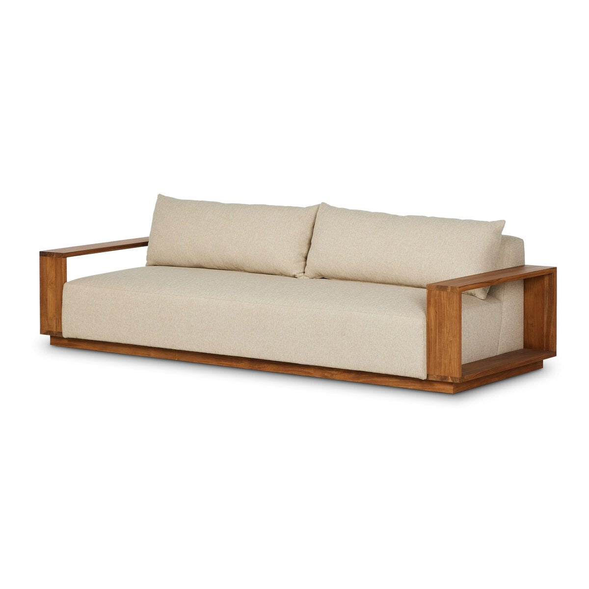 The Teak Frame Outdoor Sofa features light beige cushions, minimalist teak construction, open rectangular armrests, and a low-profile modern design.