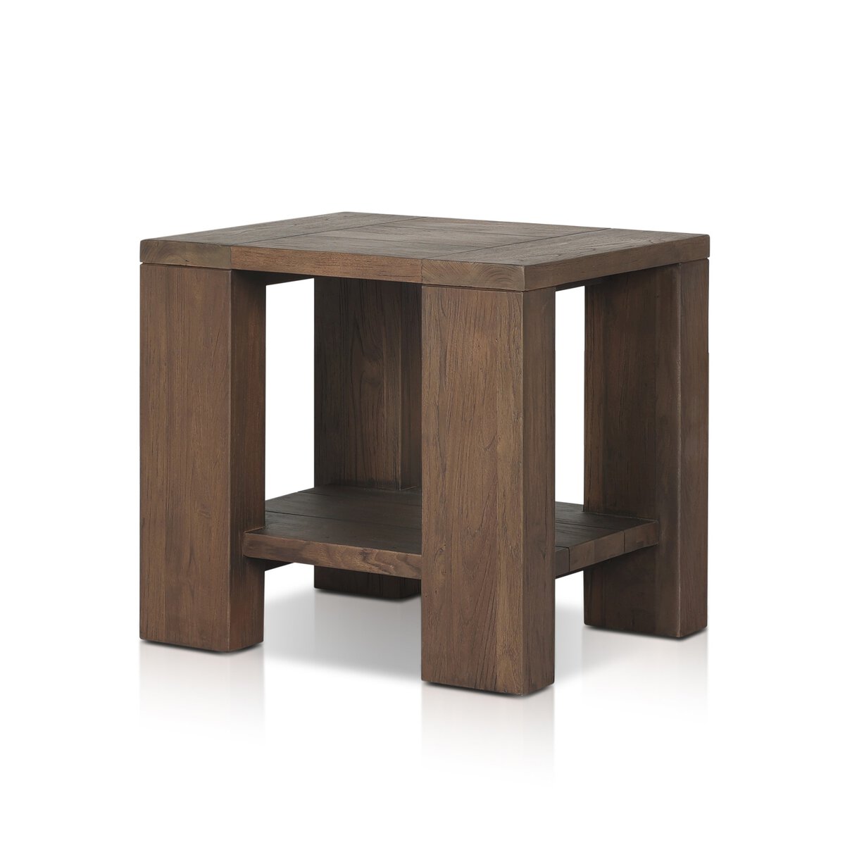The Outdoor Chunky Square End Table is crafted from reclaimed teak wood, featuring thick legs, a lower shelf, and a natural brown finish in a simple modern design.