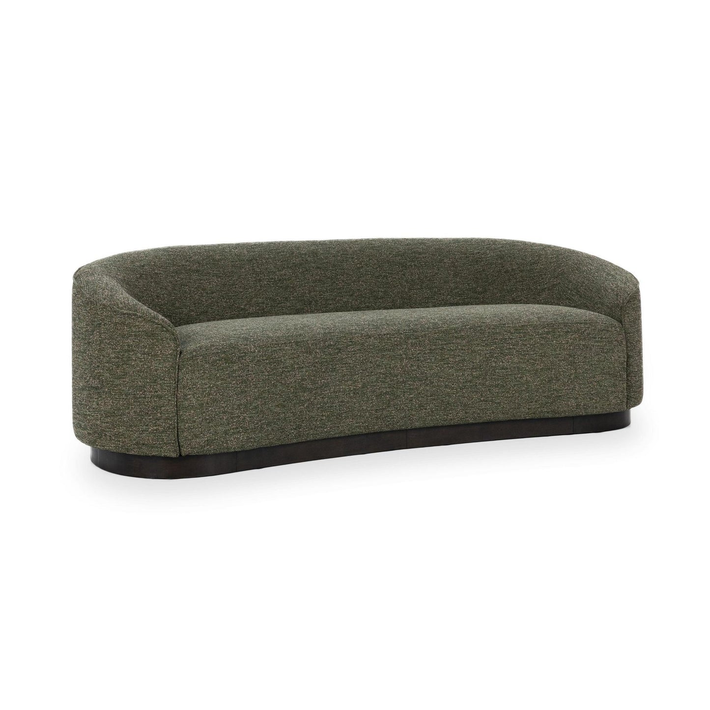 The Curved Sofa is a modern upholstered piece in textured green fabric, featuring a low back and seat on a dark, subtly rounded base.