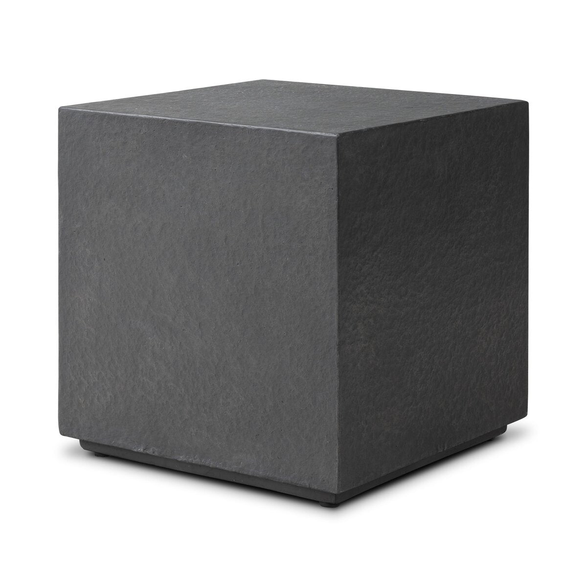The Distressed End Table is a solid, dark gray cubic piece with a textured graphite concrete finish, ideal for indoor or outdoor use and suits modern minimalist spaces.