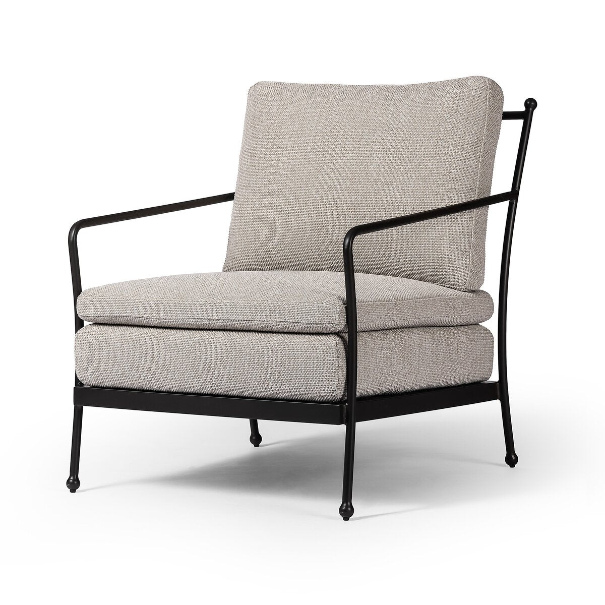 The French Decco Outdoor Chair features a black metal frame and light beige double seat cushions, showcased at an angle against a plain white background.
