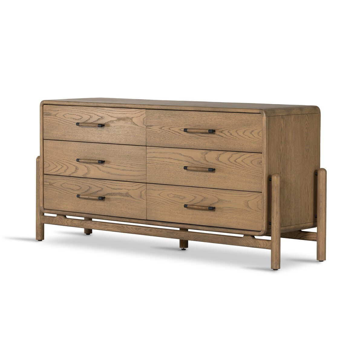 The Cradle 6 Dresser Drawer features six drawers, black handles, and a light-smoked oak finish. Modern and minimalist, it offers ample bedroom storage with rounded edges, elevated legs, and is STURDY Act compliant for safety.